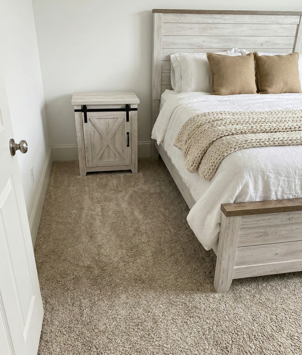 Bedroom with wooden bed and nightstand, beige carpet. Machine washable LCT carpet tiles squares DIY - Washable alternative to peel and stick - soft, plush, pet stain resistant